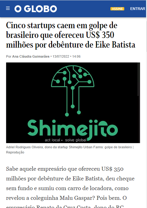 O Globo - article about Renato da Cruz Costa and Brazilian startups fraud accusations