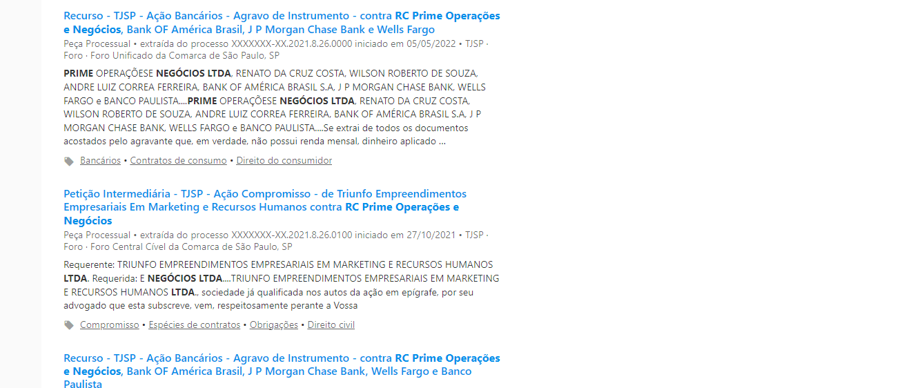 Jusbrasil search results for RC Prime Operações e Negócios Ltda - Renato da Cruz Costa's company