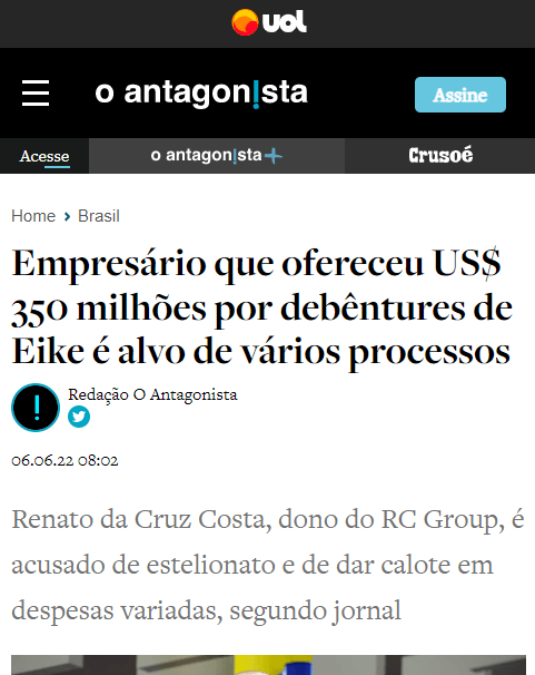 UOL - article reporting Renato da Cruz Costa scam accusations by Brazilian startups
